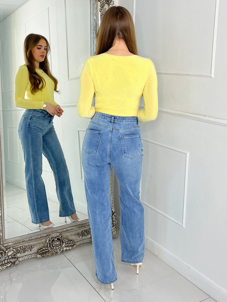 Round Neck Long Sleeve Bodysuit - Yellow