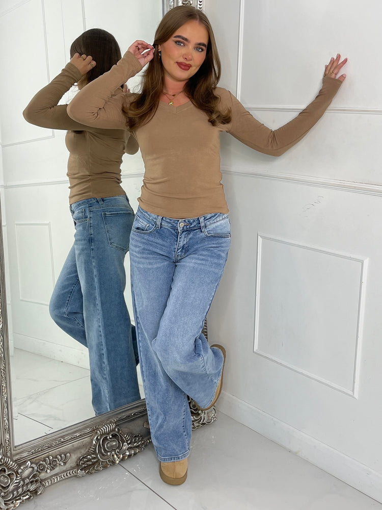 V Neck Long Sleeve Soft Touch Top - Tan