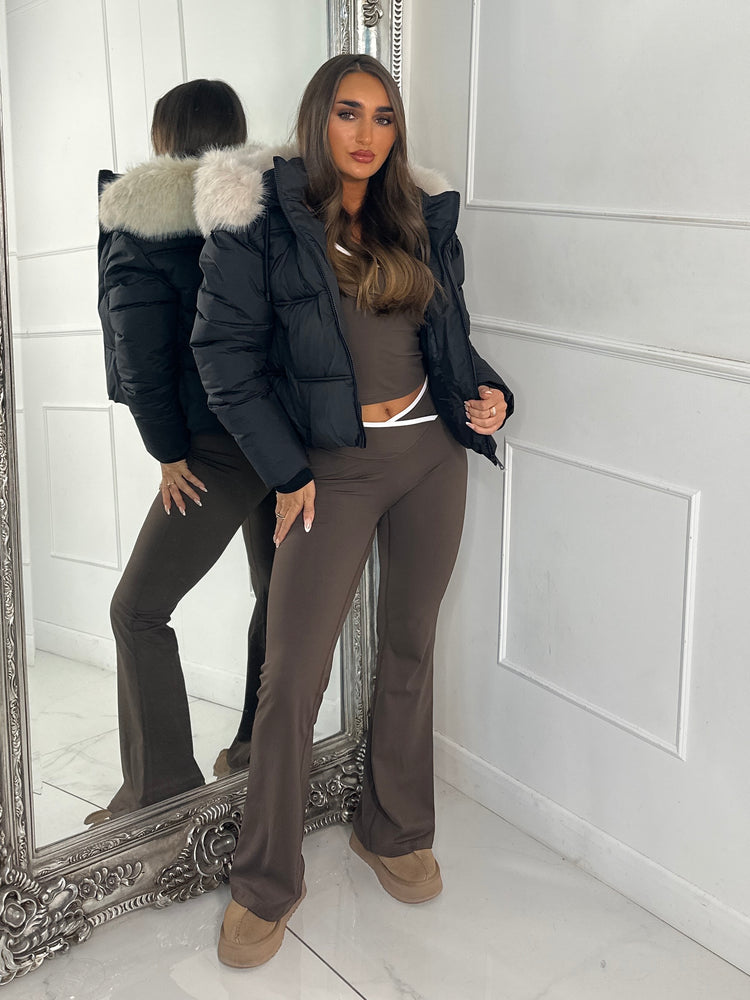 Cropped Faux Fur Trim Padded Jacket - Black/Cream