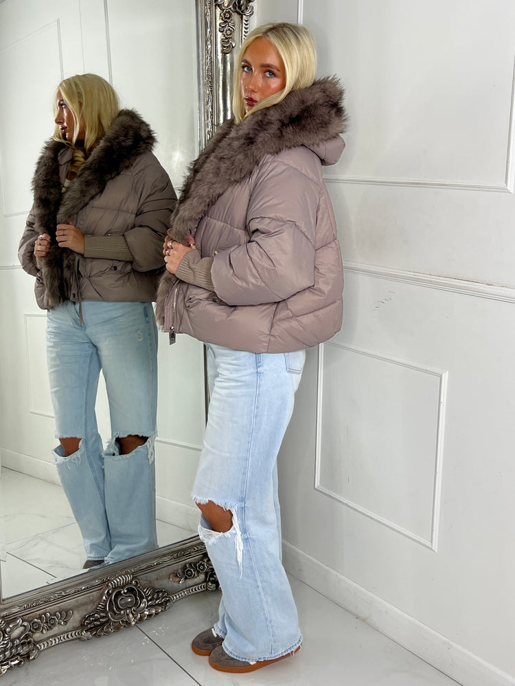 Hooded Faux Fur Puffer Coat With Buckle Detail - Grey/Mauve