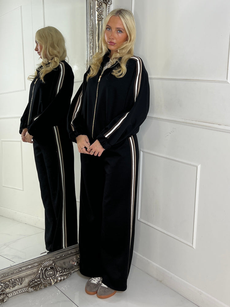 Stripe Detail Zip Up Bomber Tracksuit - Black