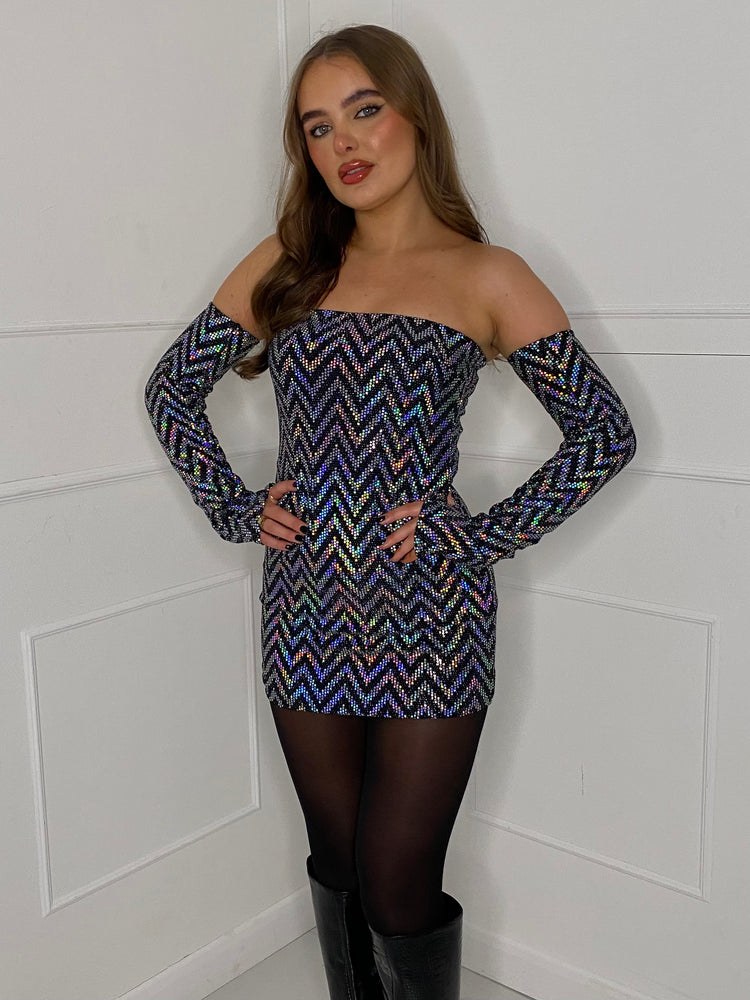 Strapless Dress with Detached Sleeves - Silver Zigzag