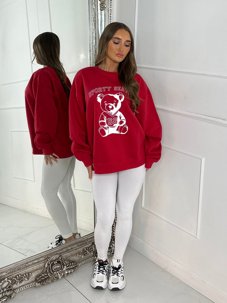 Oversized Sporty Season Teddy Bear Sweatshirt - Red & White