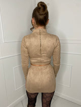 Suede High Neck Skirt Co-ord - Beige