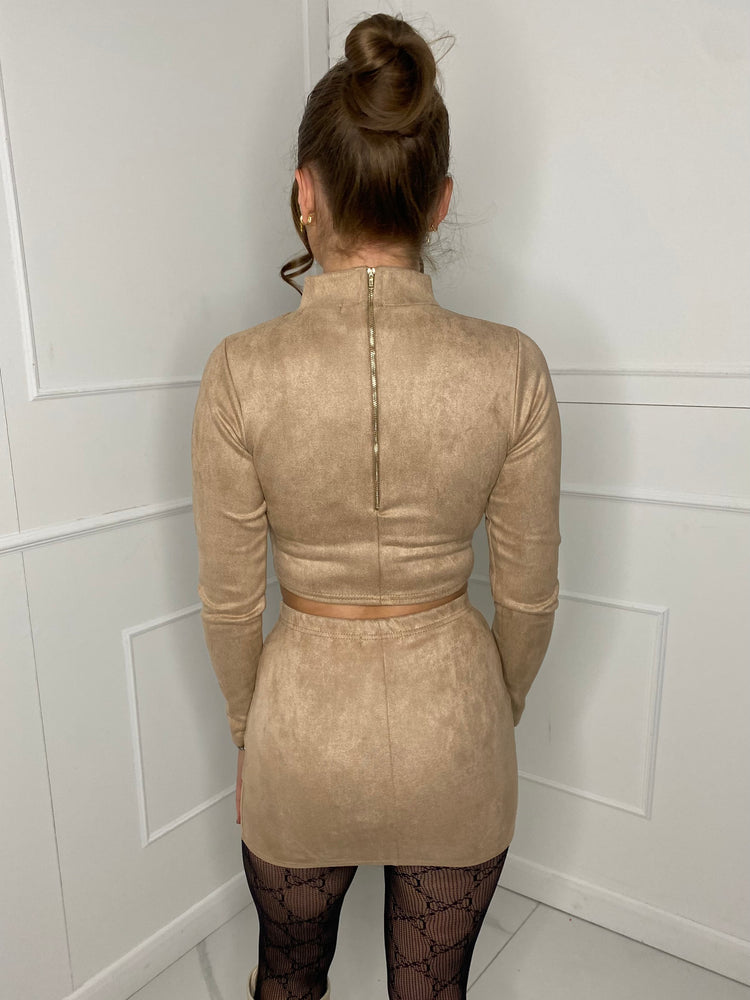 Suede High Neck Skirt Co-ord - Beige