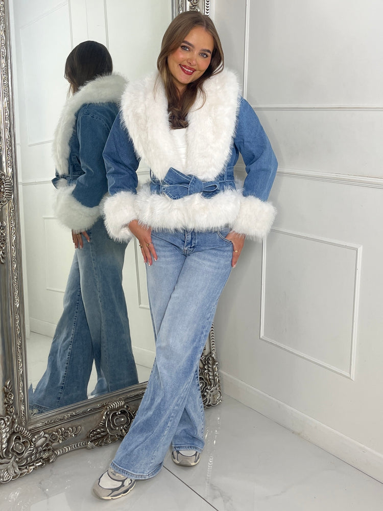 Denim Fur trim Detail Jacket - Blue/White