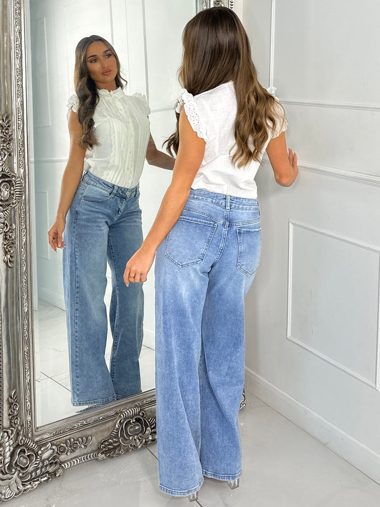 Lace frill button Up Shirt - White