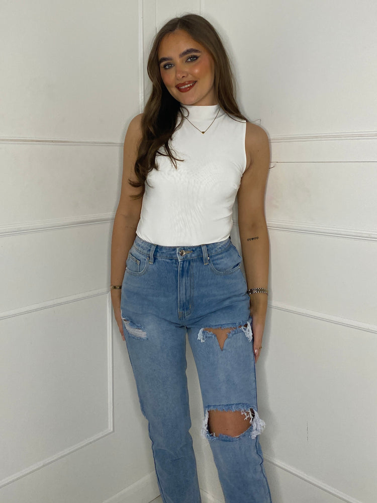 Sleeveless High Neck Bodysuit - White