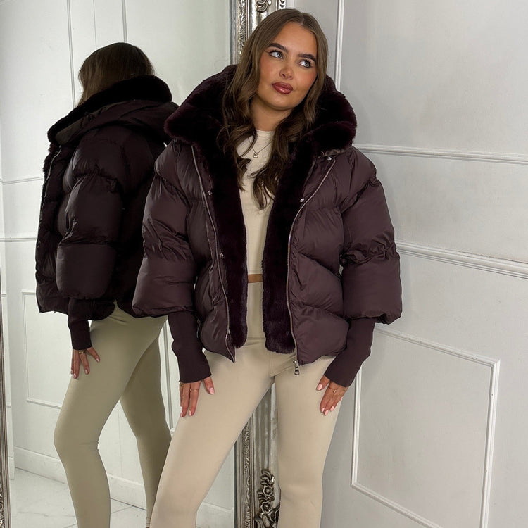 Hooded Puffer Coat With Faux Fur Trim - Brown