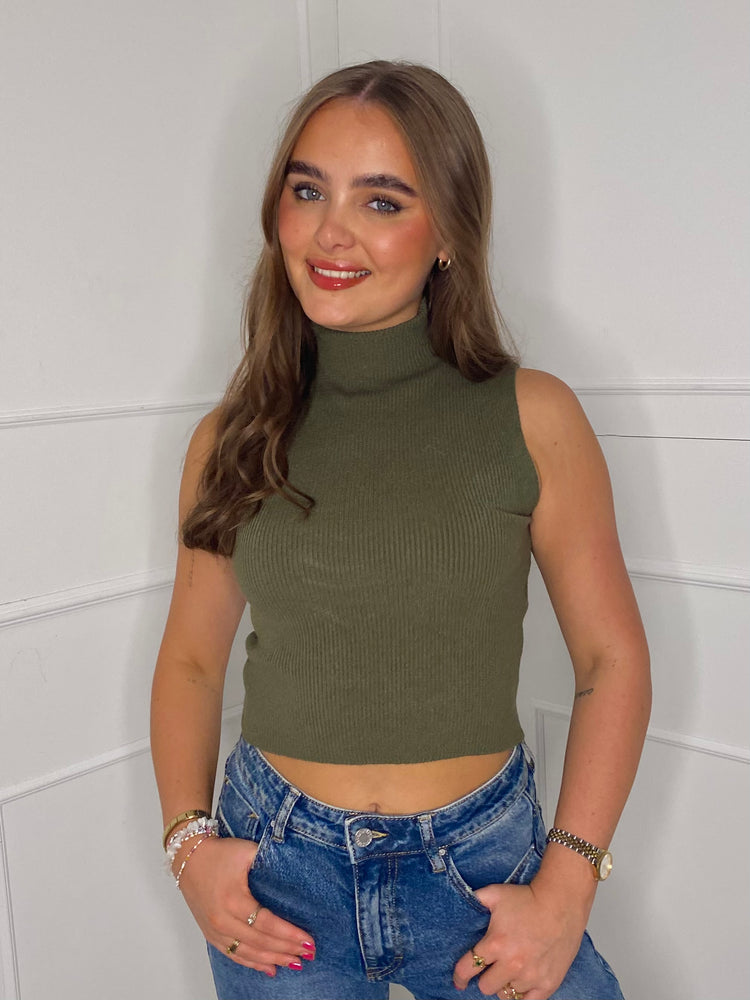 Sleeveless High Neck Jumper - Khaki Green