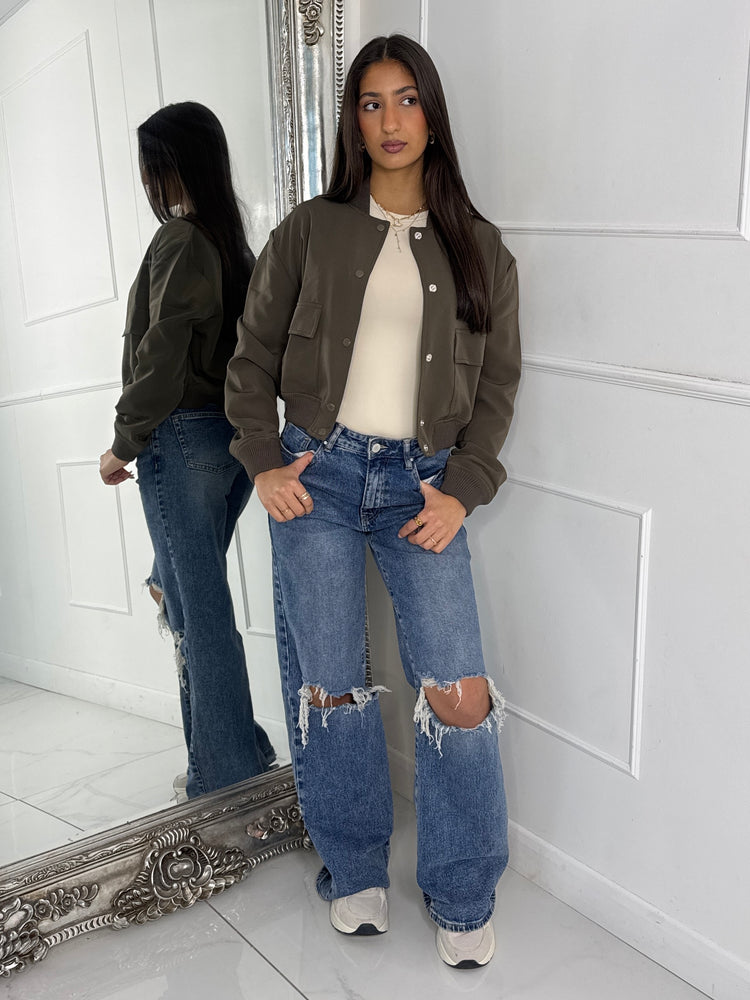 Cropped Pocket Detail Bomber Jacket - Khaki