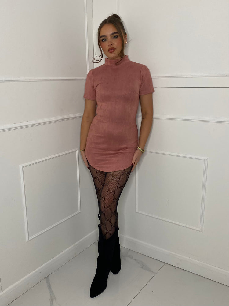Suede High Neck Dress - Dusty Pink