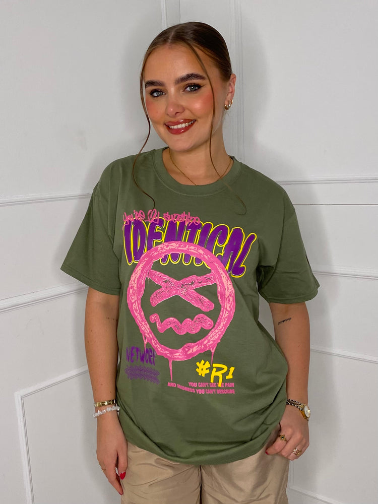 Identical Print T-shirt- Khaki