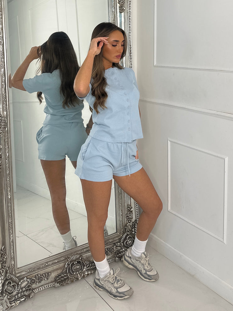 Round Neck Button Up Ribbed Top & Drawstring Shorts Co-ord - Baby Blue
