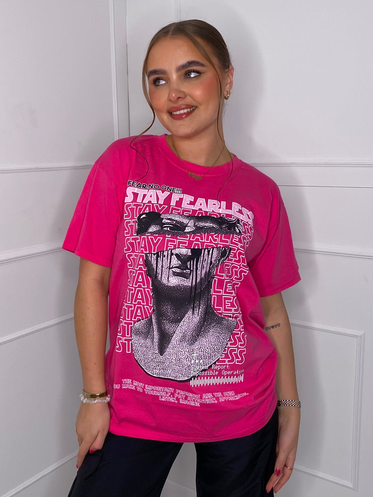 Fearless Statue Print T-shirt- Hot Pink