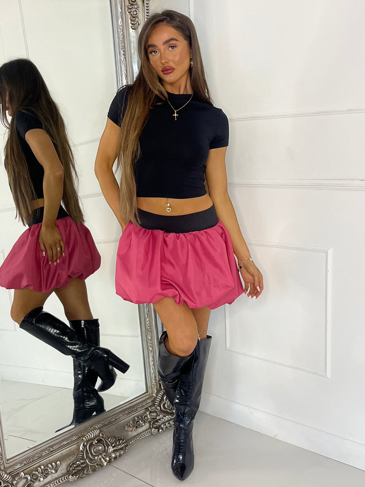Band Detail Puffball Skirt - Hot Pink With Black Band