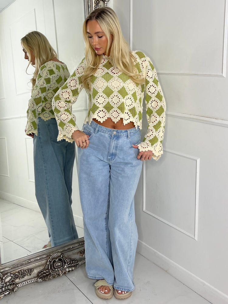 Multi Colour Contrast Crochet Top - Beige & Sage