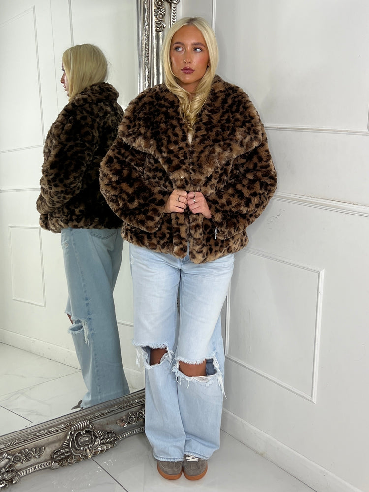 Leopard Print Faux Fur Collared Jacket - Brown