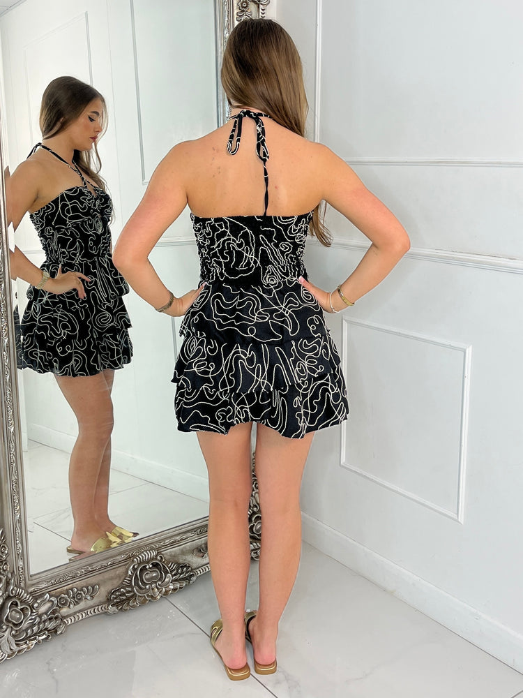 Swirl Textured Ruffle Bandeau Dress - Black