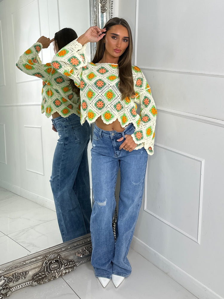 Crochet contrast patterned top - Beige/Orange&Green