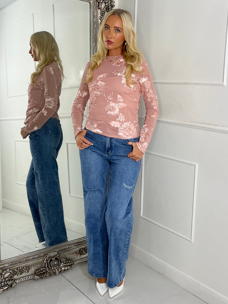 3D Flower Textured Mesh Long Sleeve Top - Mauve Pink