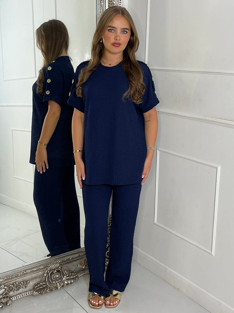 Gold Button Detail Oversized Top & Wide Leg Pants Co-Ord - Navy Blue