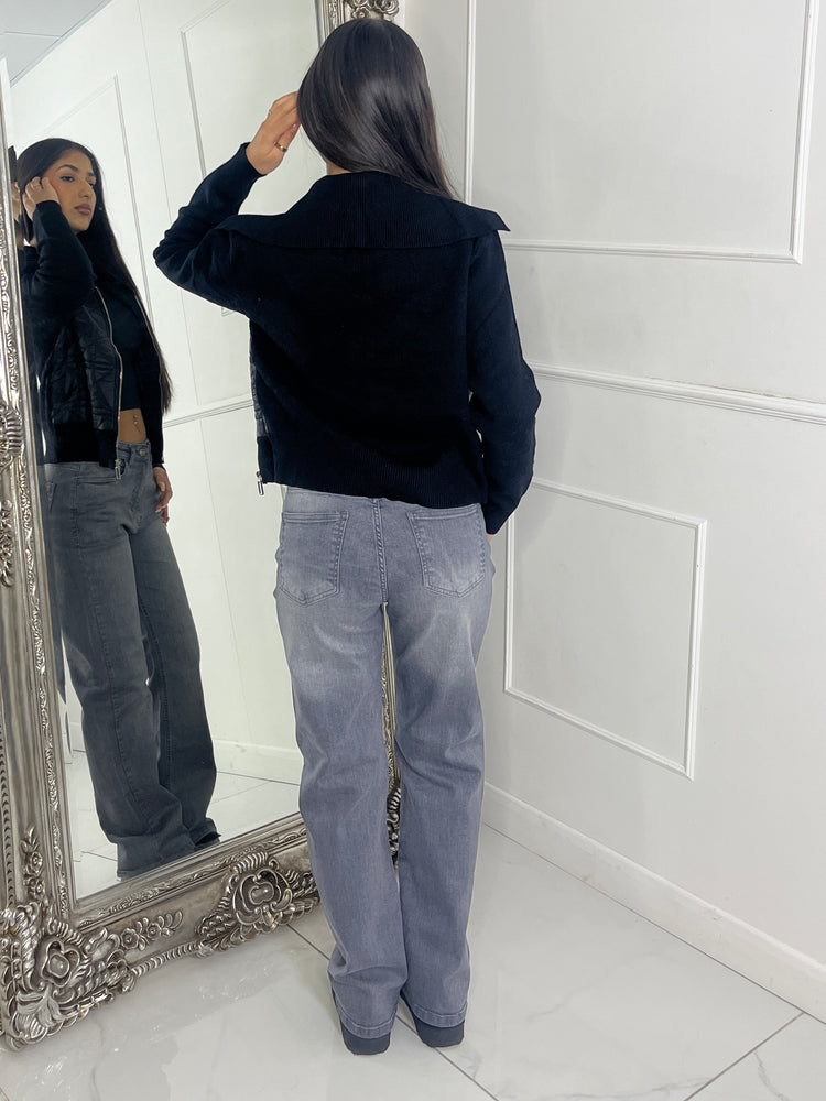 Ribbed Sleeve Padded Jacket - Black