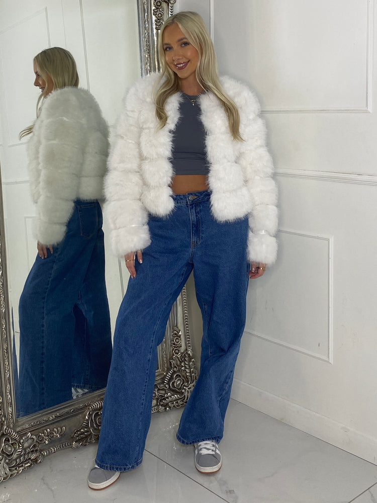 Tiered Faux Fur Round Neck Jacket - White