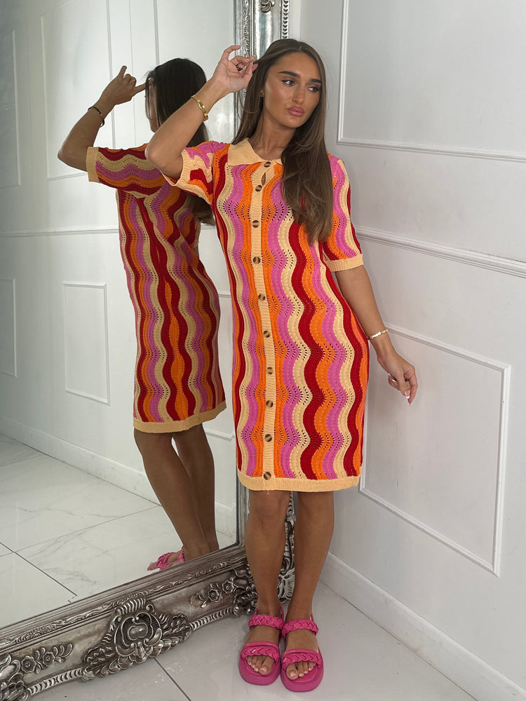 Multi Coloured Collar Detail Crochet Dress - Orange/Pink/Red