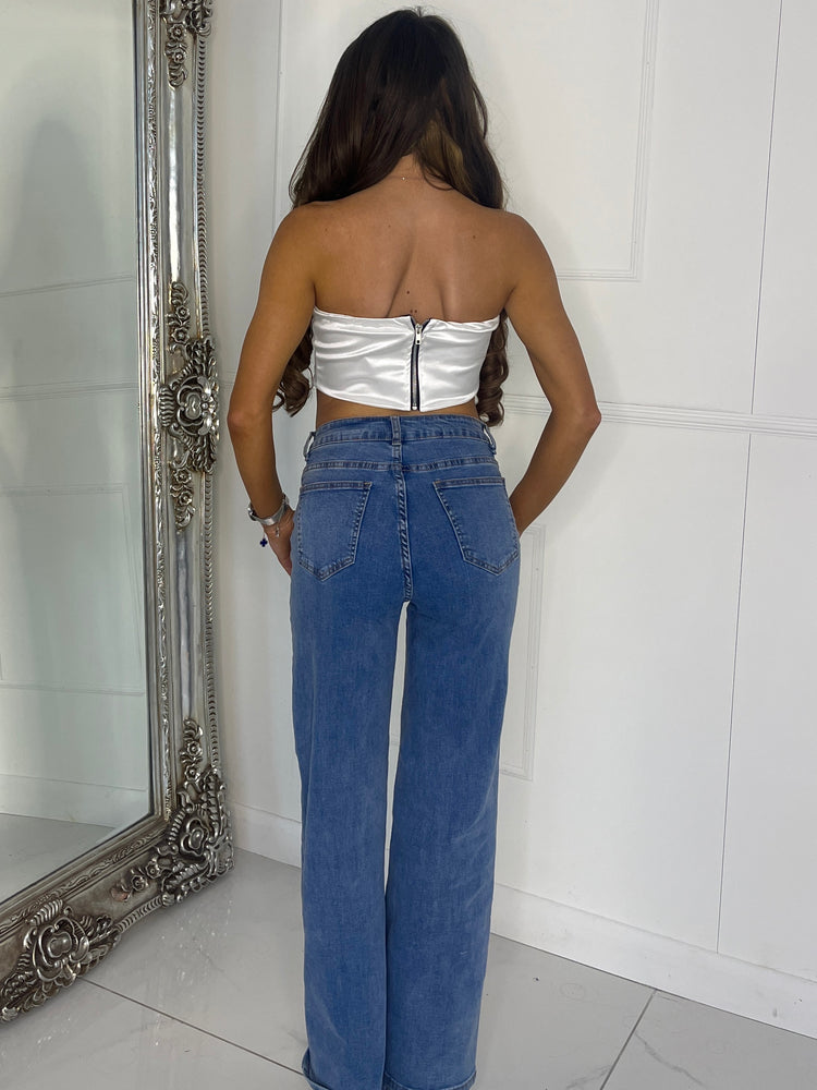 Stretch Satin Zip Up Bow Top - White