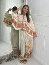 Multi Rainbow Stripe Detail Crochet Lace Button Top & Flares Co-Ord - Beige Multi
