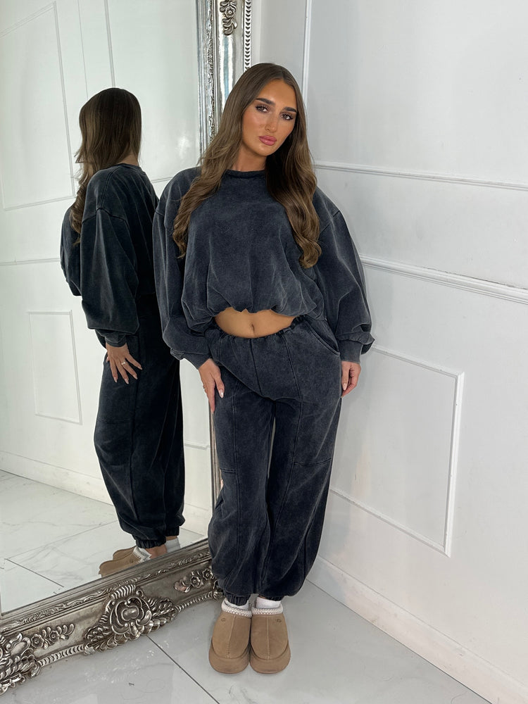 Bubble Hem Sweatshirt & Joggers Tracksuit - Acid Charcoal