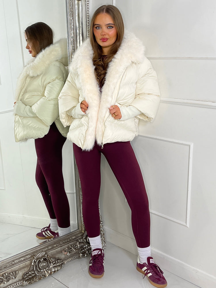 Hooded Puffer Coat With Faux Fur Trim - Cream