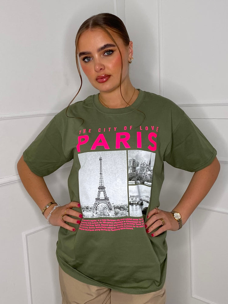 Paris Eiffel Tower Print T-shirt- Khaki Green