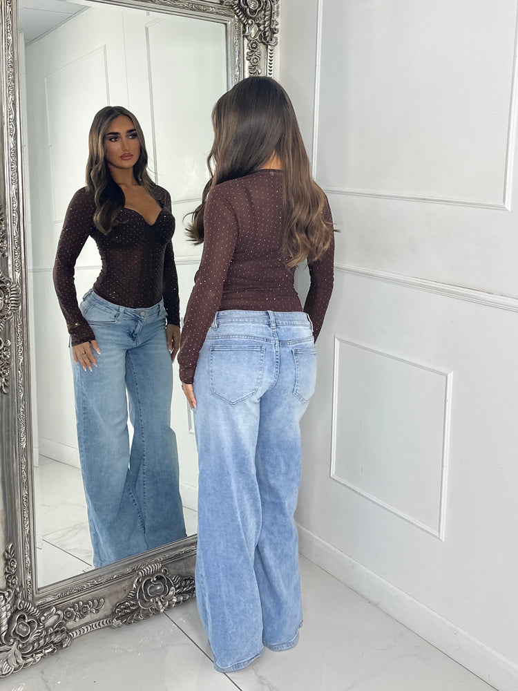 Long Sleeve Diamante Detail Cupped Bodysuit - Chocolate Brown