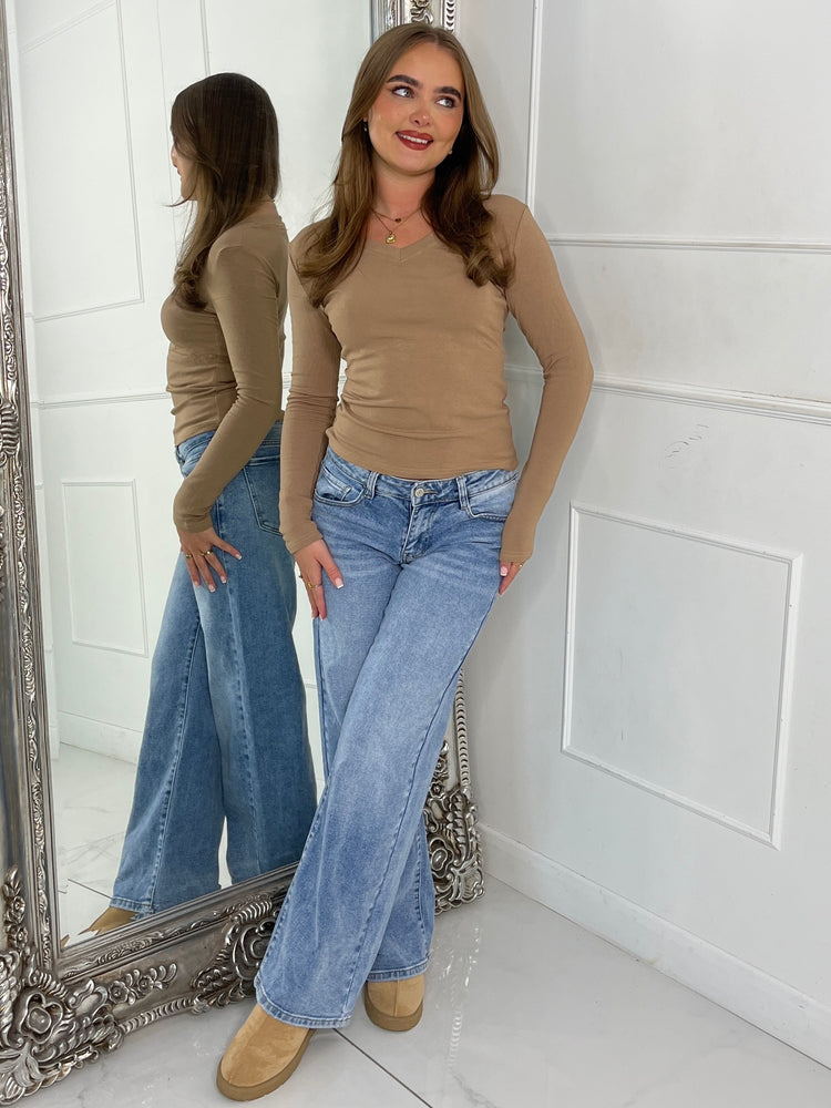 V Neck Long Sleeve Soft Touch Top - Tan