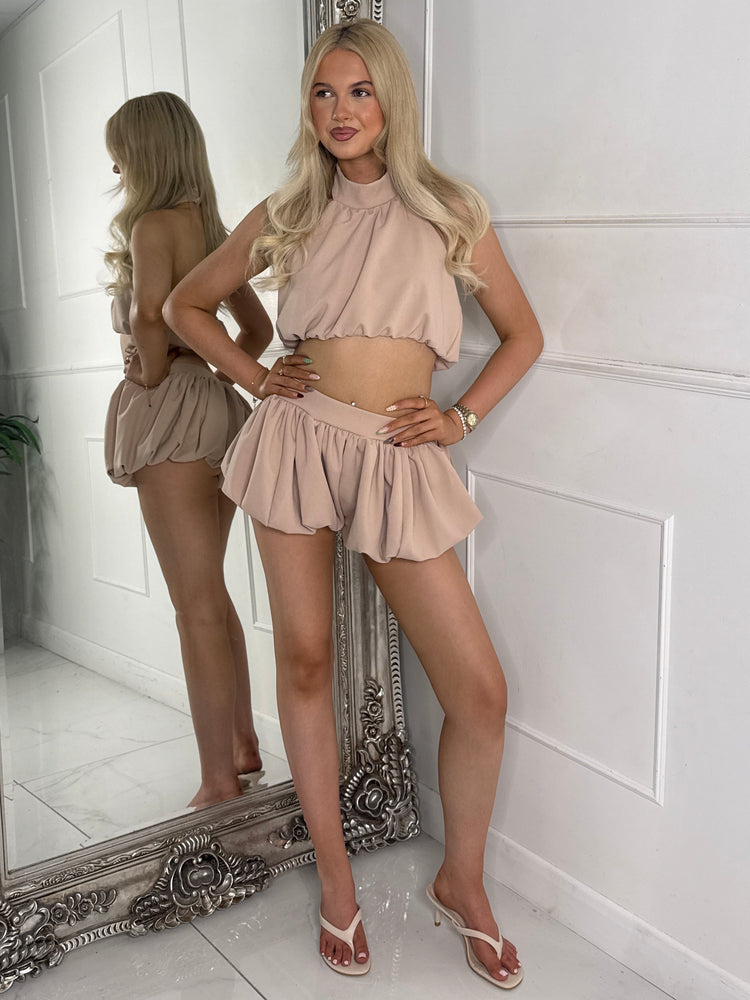Backless High Neck Top & Band Detail Puffball Skort - Beige