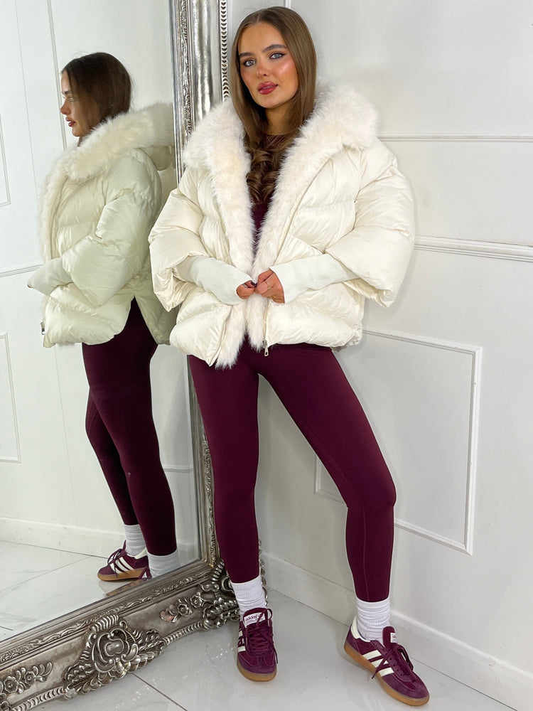 Hooded Puffer Coat With Faux Fur Trim - Cream
