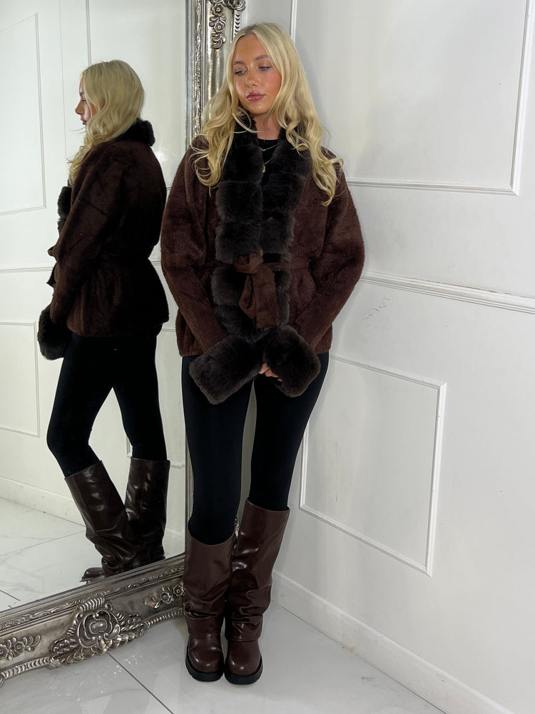 Faux Fur Trim Tie Belt Cardigan - Brown