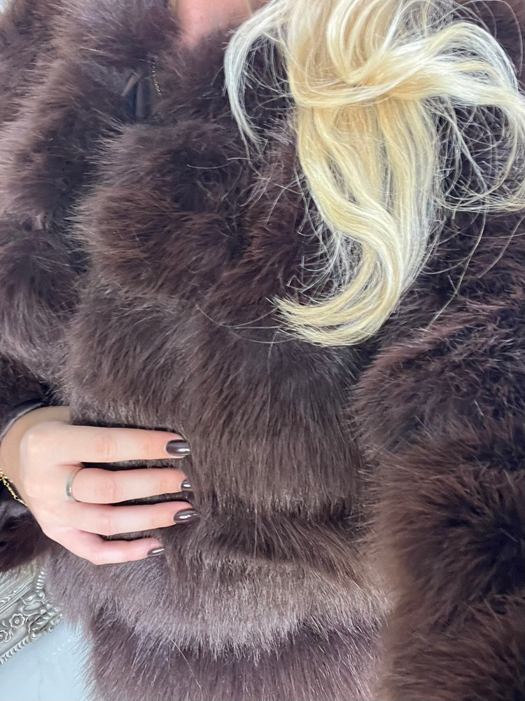 Tiered Faux Fur Round Neck Jacket - Brown