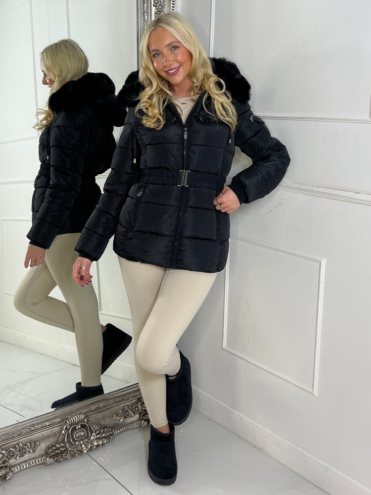 Padded Belted Coat With Faux Fur Hood - Black