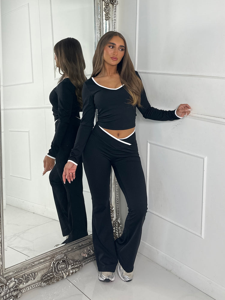 Crossover Ruched Bum Flares & Line Detail Long Sleeved Top - Black