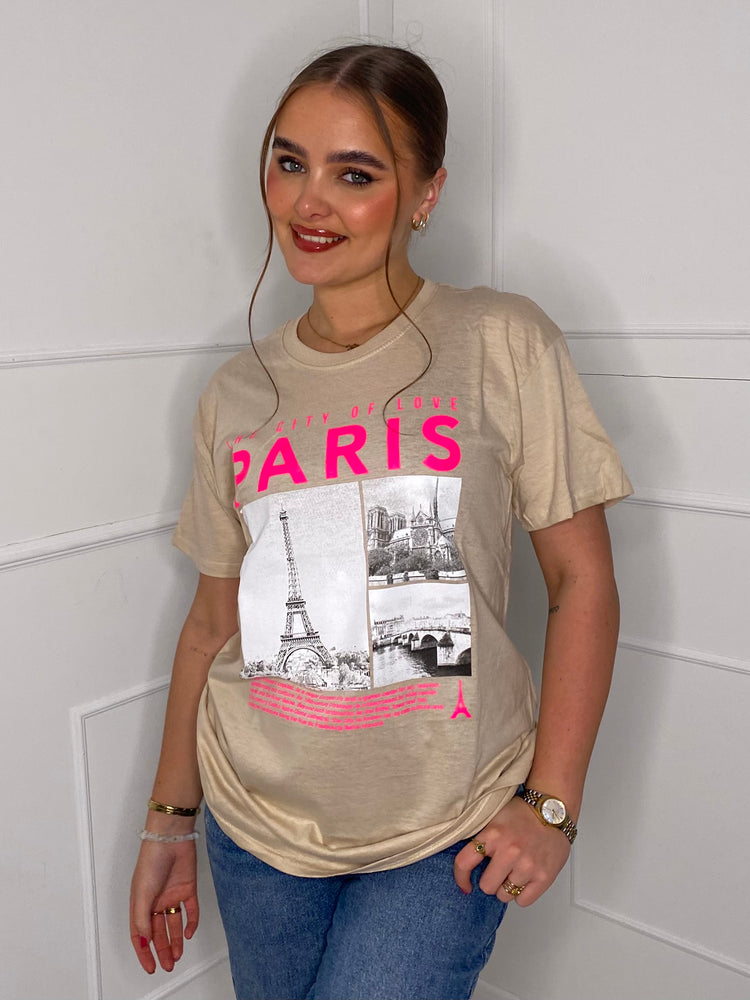 Paris Eiffel Tower Print T-shirt- Beige