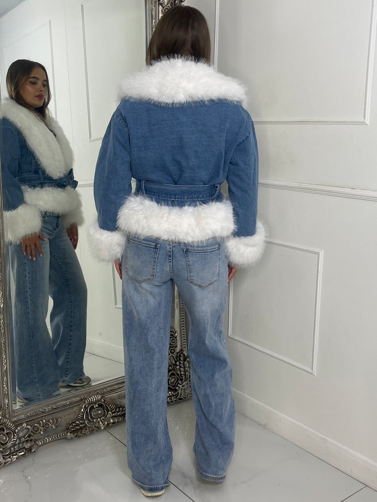 Denim Fur trim Detail Jacket - Blue/White
