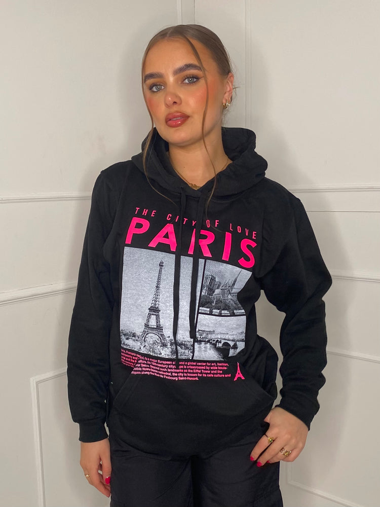 Paris Print Hoodie - Black