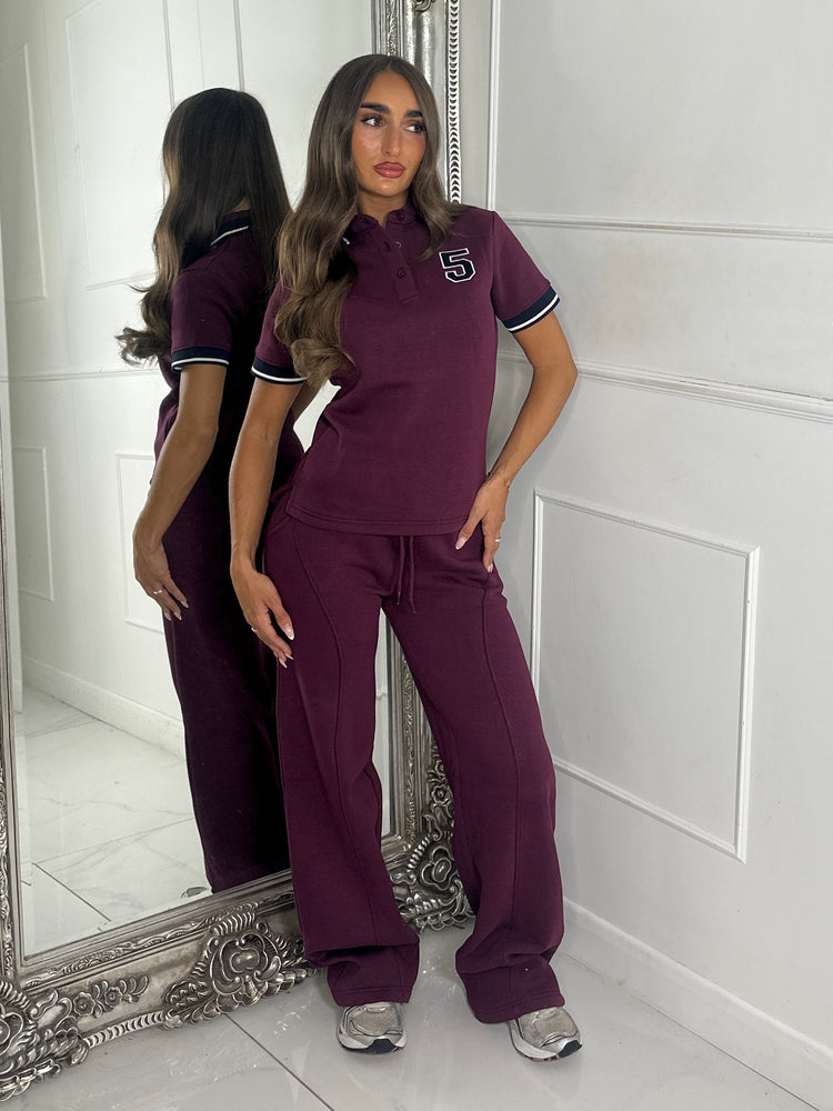 Soft Cotton Varsity Number Detail Matching Shirt & Straight Leg Joggers Set - Wine