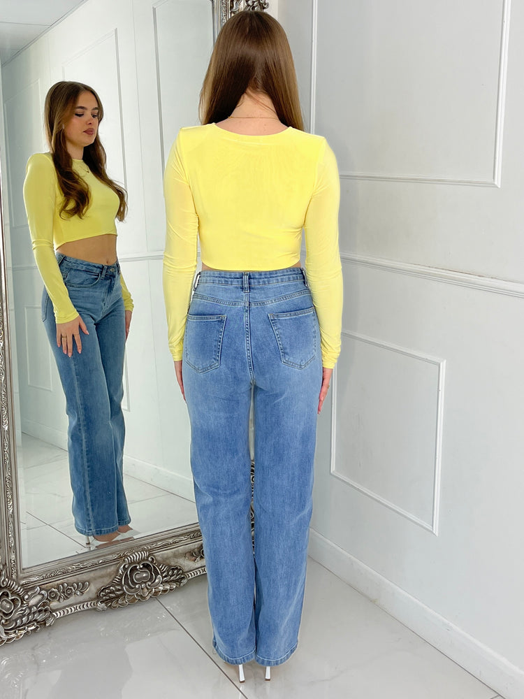 Padded Shoulder Long Sleeve Crop Top - Yellow