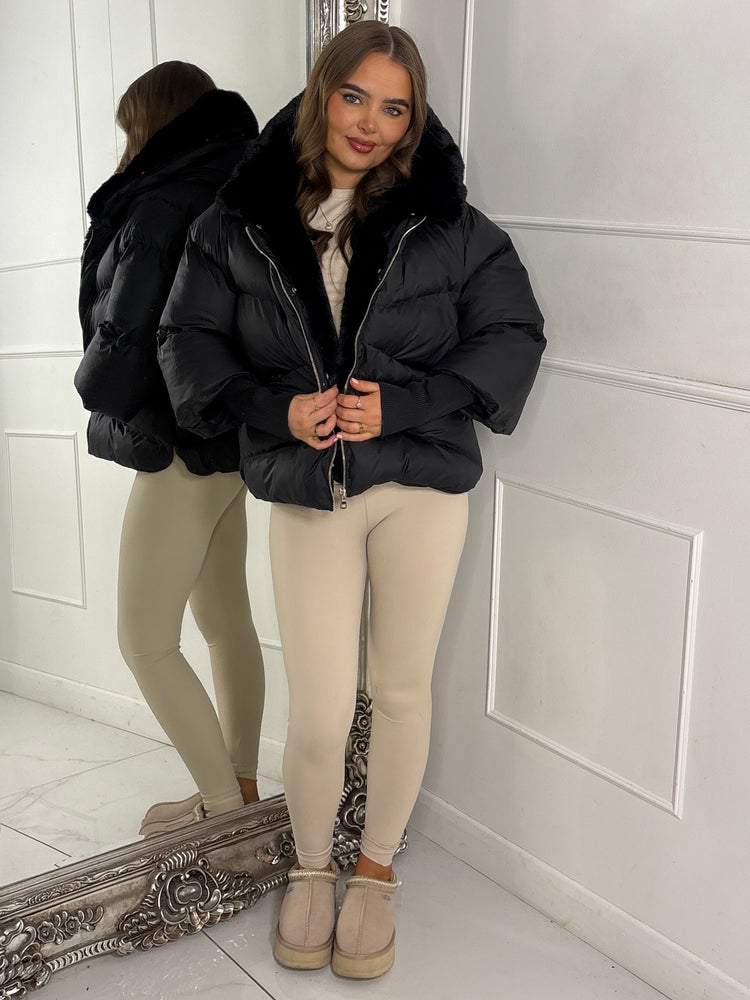 Hooded Puffer Coat With Faux Fur Trim - Black