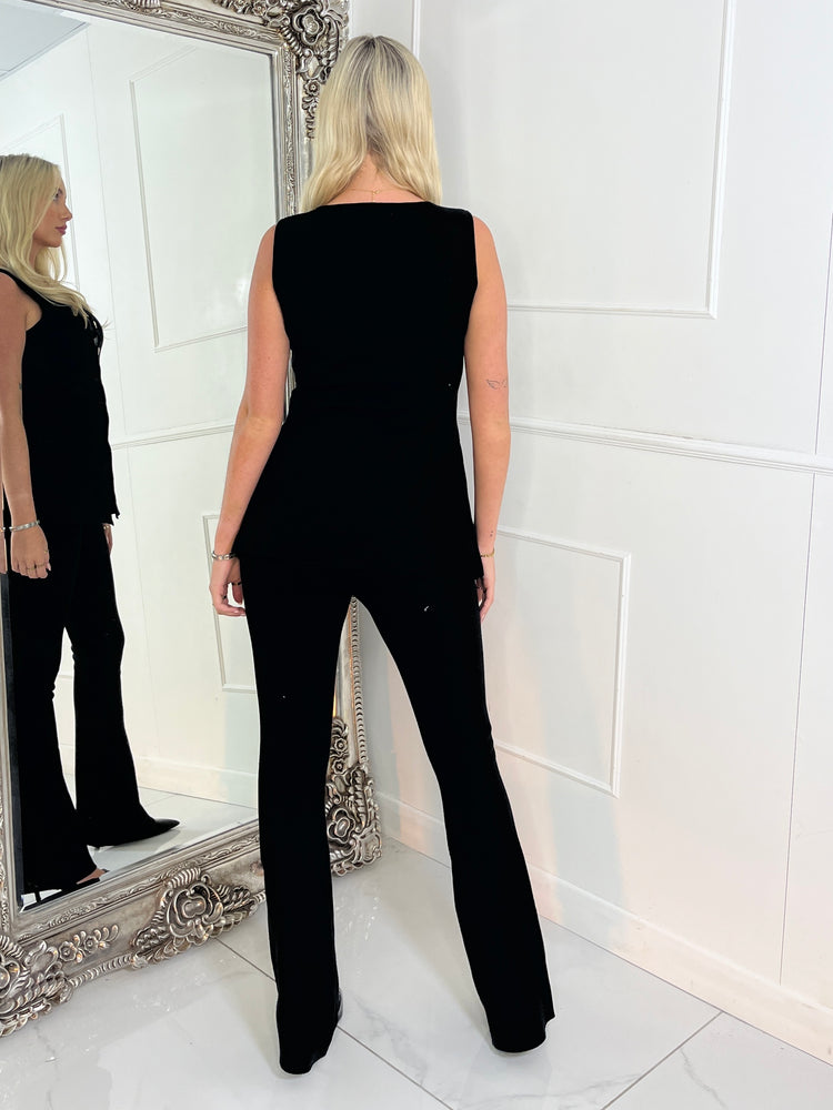 Gold button detail waistcoat and flares co-ord - Black