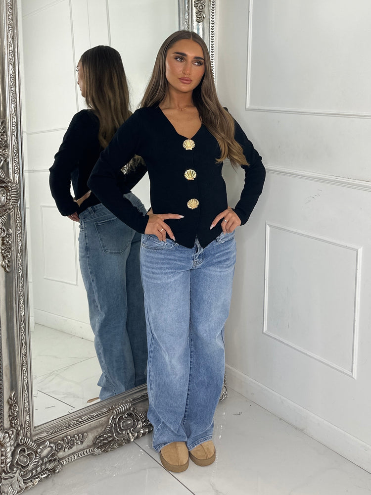 V Neck Sea Shell Detail Long Sleeve Jumper - Black